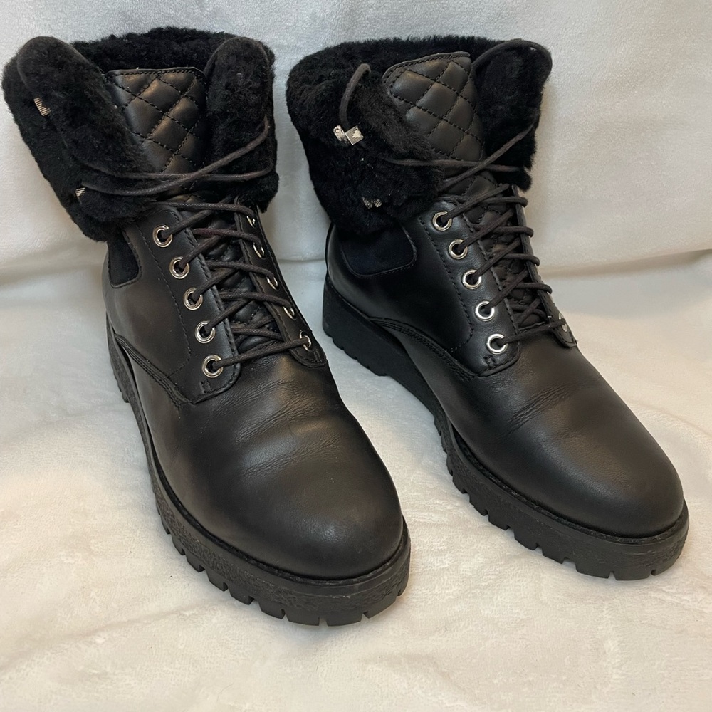 Michael Kors Quilted Teddy Leather Shearling Lace Up Boots Black